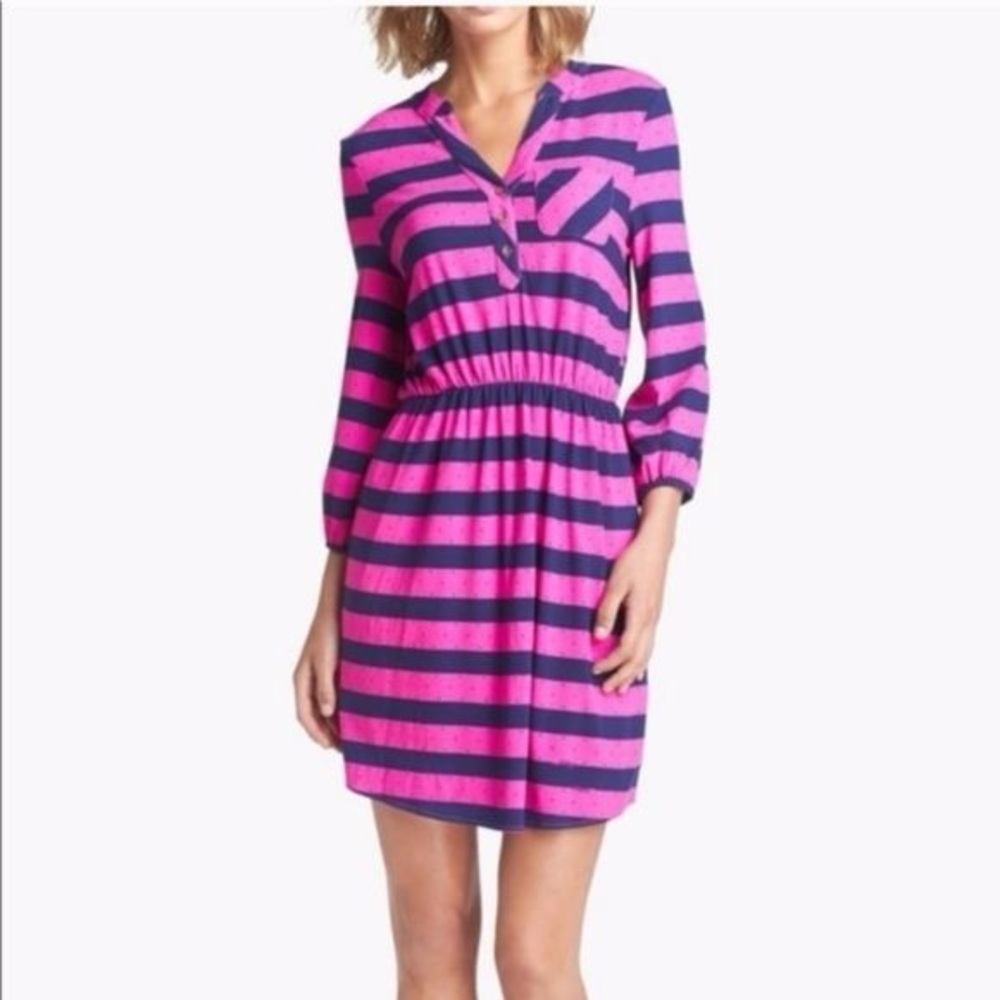 Lilly Pulitzer MD Beckett Stripe Balloon Sleeve Cinch Waist Dress Pink Blue - Picture 2 of 6